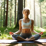 ** A serene woman meditating outdoors in a lush Swedish forest. Sunlight filters through the trees, highlighting her peaceful expression. She is sitting in a yoga pose, with hands gently resting on her knees. The overall atmosphere is calming and nature-focused, evoking the feeling of mindfulness. Use a soft, natural color palette.

**